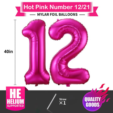 BBPOOL Hot Pink 40 Inch Number 12 Balloon - Large Aluminum Foil for Birthday Party & Anniversary Decorations