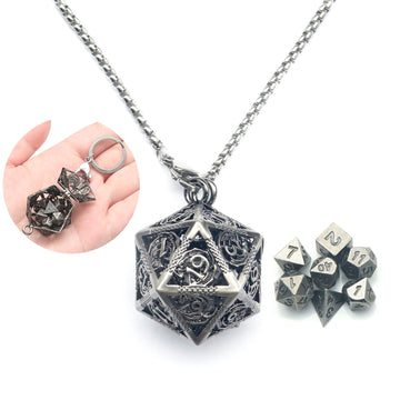 PJOY Mini Dice Set Tiny DND Dice with Hollow D20 Cage D&D Portable 7PCS Keychain Mini Metal Dice Set for Role Playing Dice Games