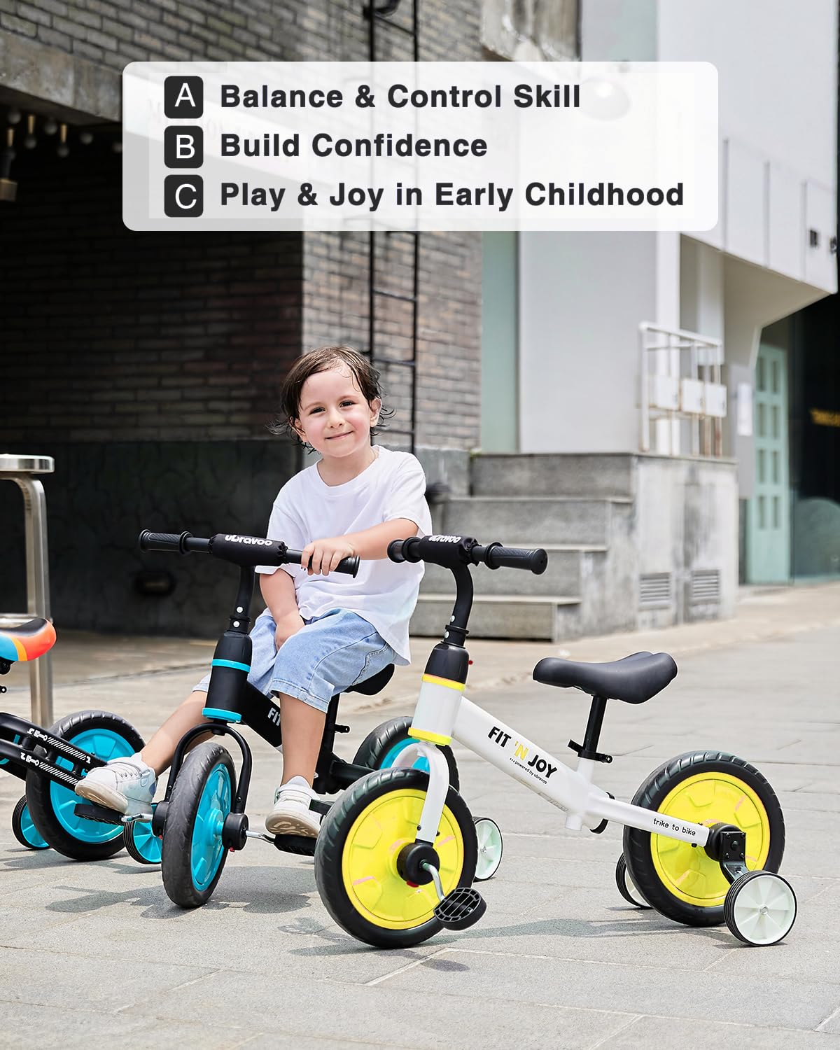 Ubravoo Trike To Bike Riding Tricycles For Boys Girls 2-5, Fit 'N Joy Kids Balance Bike With Pedals & Training Wheels Options, 4-In-1 Starter Toddler Training Bicycle (Yellow-White)