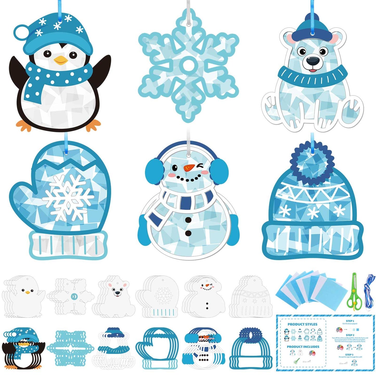 Feifeiya 24 Set Winter Suncatchers Crafts DIY Window Tissue Paper Suncatchers Winter Craft Make Your Own Hanging Ornaments for C