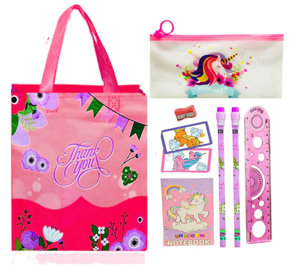 8pcs birthday return gift for kids, party favors, give away stationeries pouch pencil scale eraser with goodies bag with handle 