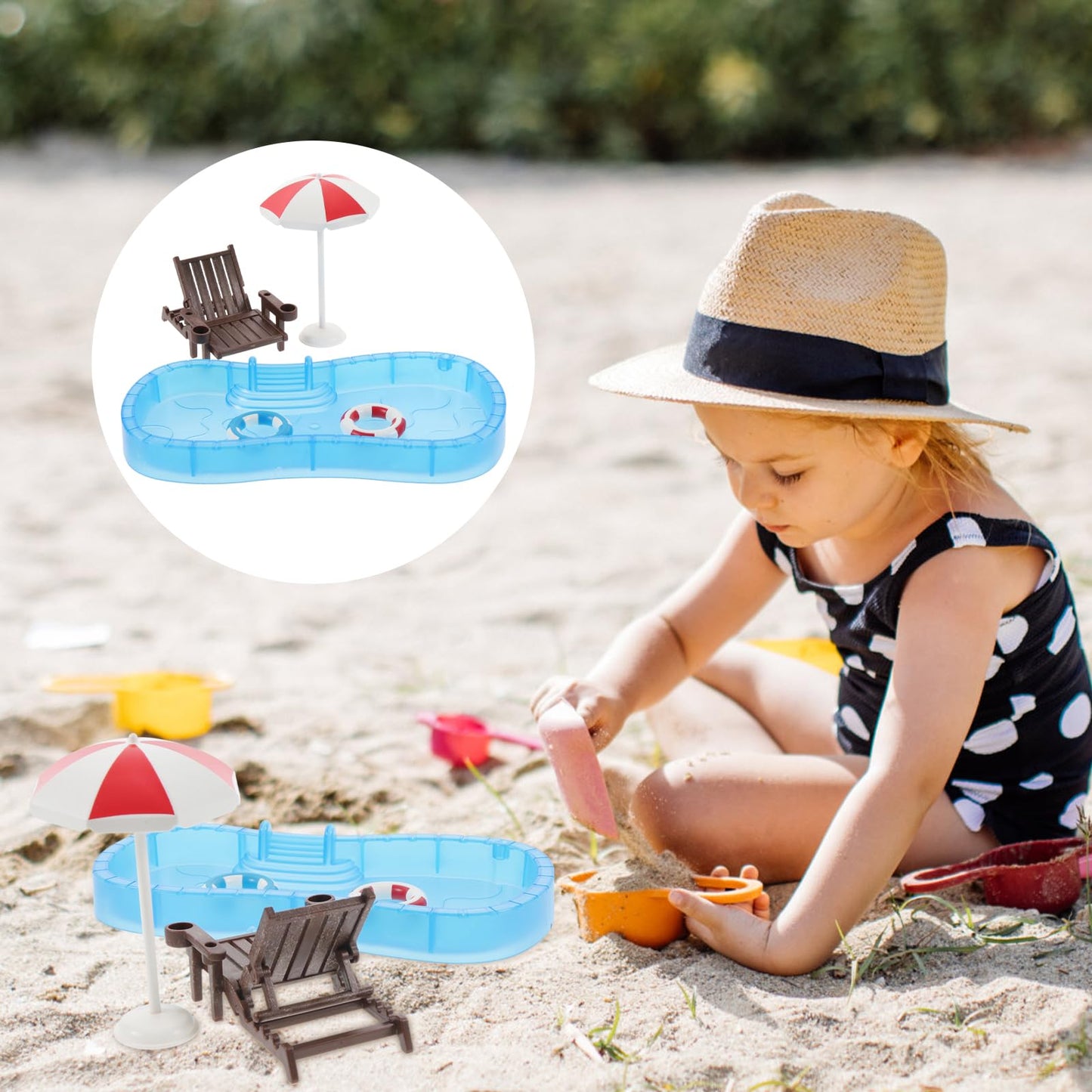 Ciieeo 5 Pieces Miniature Dollhouse Beach Accessories Beach Dollhouse Decoration Set with Umbrella Chair Swimming Ring Swimming