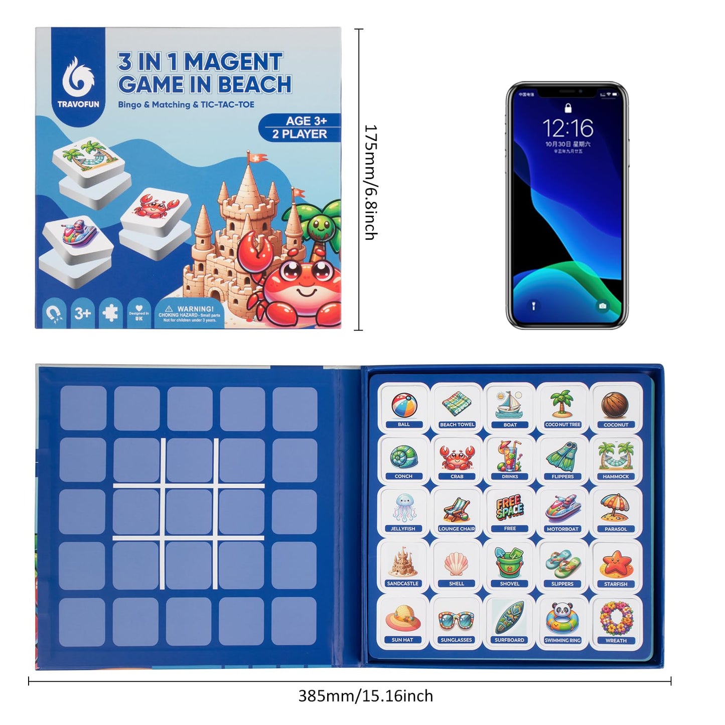 Travofun Magnetic 3 In 1 Bingo Games For Kids, Tic-Tac-Toe, Memory Games For Kids Ages 4-8, Perfect For Travel, Summer Camp Game