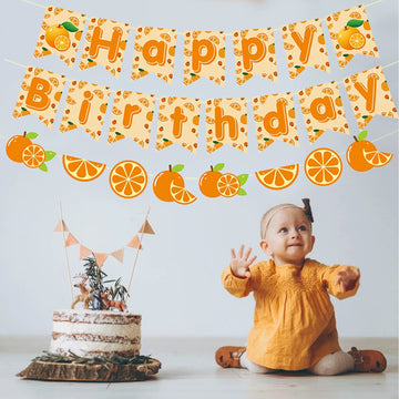 Zwiebeco Orange Birthday Party Decorations Supplies-Orange Green Oranges Happy Birthday Sign Banner Bunting Garland Hanging Pape