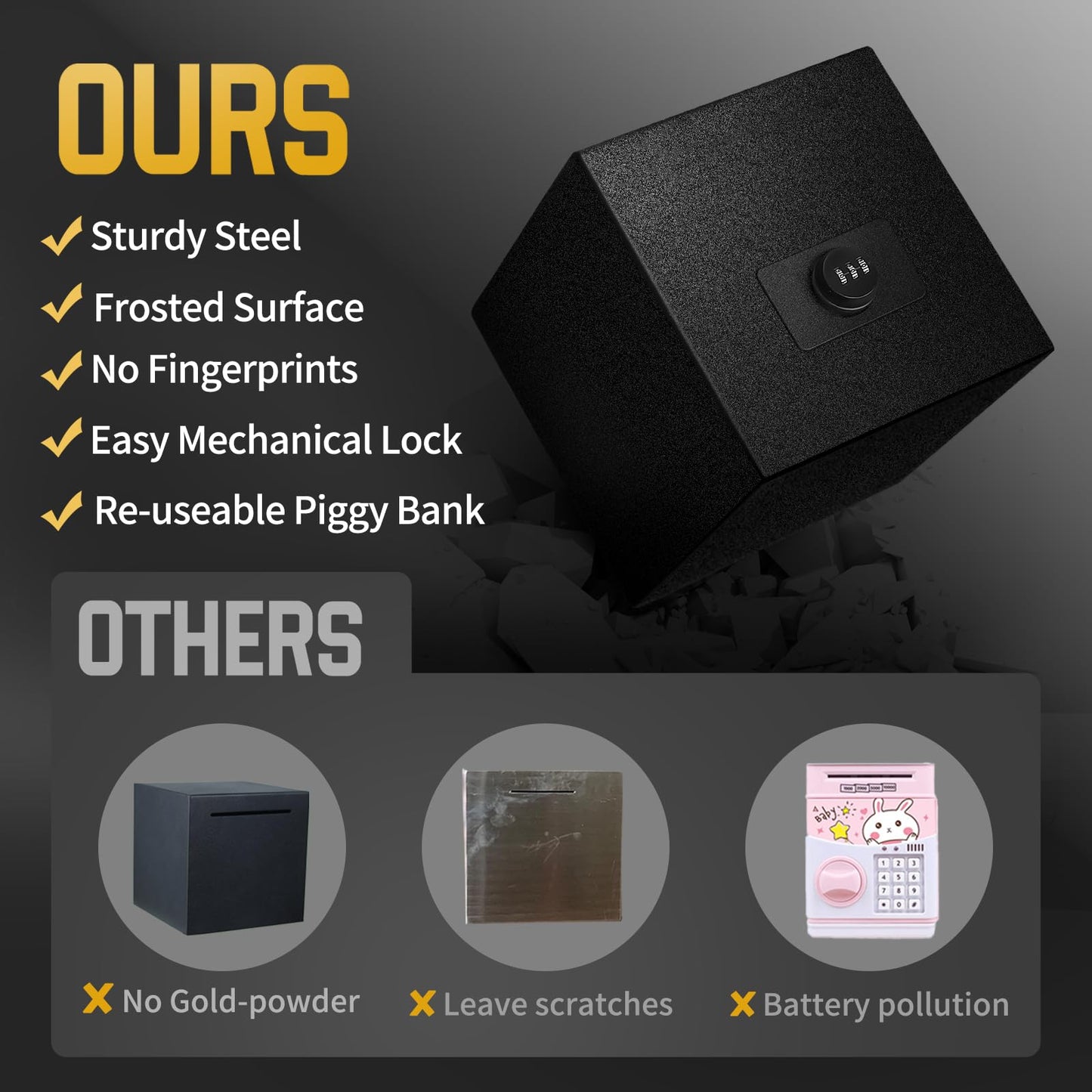 Hicocool Piggy Bank For Adults Password Stainless Steel Reusable Piggy Bank, Metal Money Box With Lock, Unbreakable Money Saving Box For Cash Saving(7.9 Inch, Black)