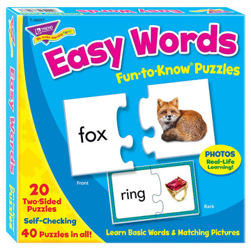 Trend Enterprises: Fun-To-Know Puzzles: Easy Words, Learn Basic Words & Matching Pictures, 20 Two-Sided Puzzles, Self-Checking,