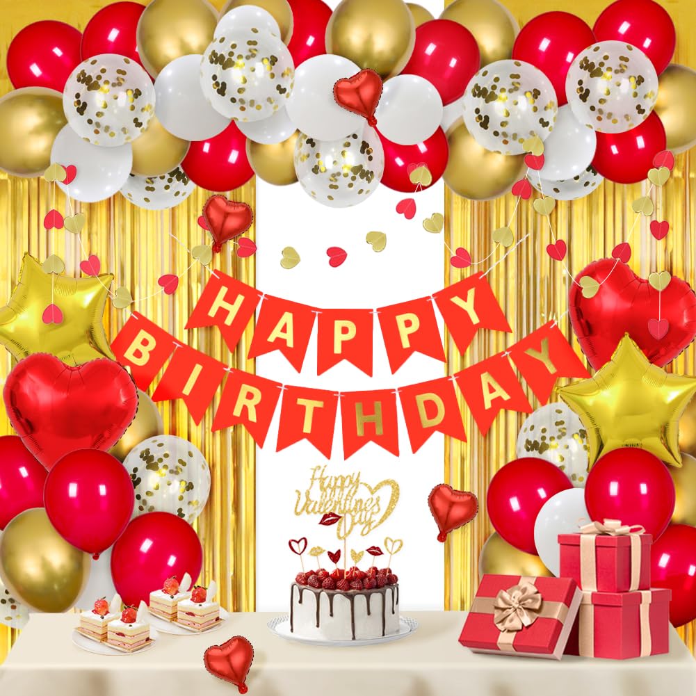 Msmancy Red And Gold Birthday Decorations For Women With Happy Birthday Banner Curtains Heart Star Balloons For 16Th 18Th 21St 3