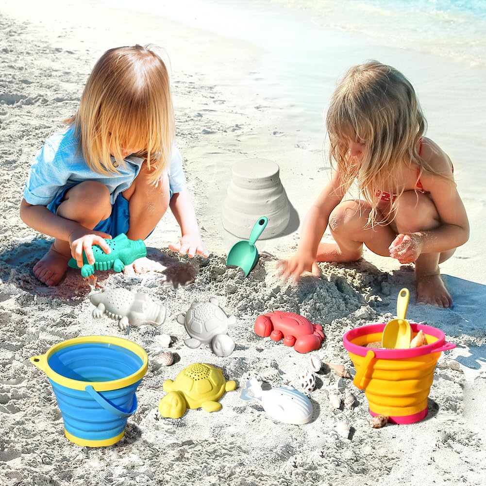 Aclarastra Collapsible Beach Sand Toys for Kids - Travel Beach Toys with 2 Collapsible Beach Buckets, Mesh Bags, Sand Molds, San