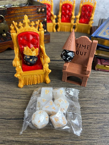 MunnyGrubbers - Dice Jail Cage - Time Out Chair & Dunce Hat - Chair of Shame - Crit Crown & Lucky Throne - (2x Random 7PC D20 Di
