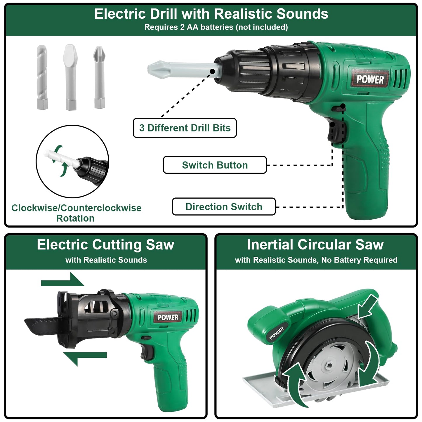 Vextronic Kids Tool Set 36 PCS with Electric Toy Chainsaw Drill Circular Saw with Realistic Sounds, Toy Tool Set for Toddlers 3