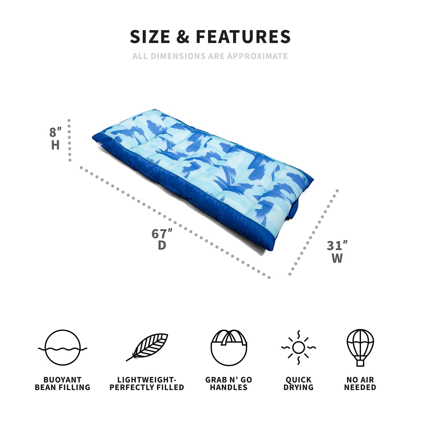 Big Joe Kona No Inflation Needed Pool Lounger With Headrest, Paintbrush Blue Double Sided Mesh, Quick Draining Fabric, 5.5 Feet Big