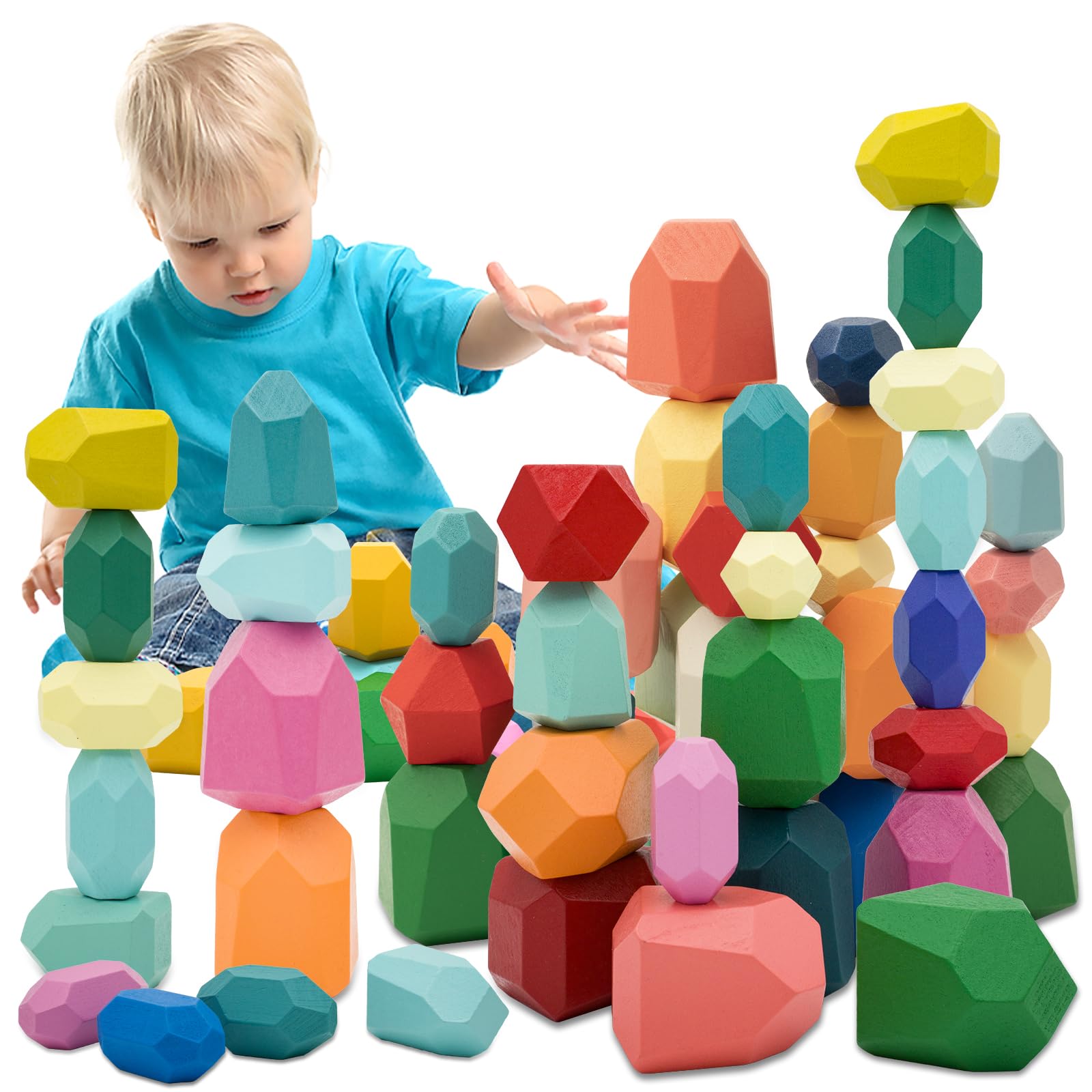 MEGRANATE 39PCS Montessori Wooden Stacking Rocks Toys Colorful Stacking Stones Building Blocks Games Sensory Toy for Toddlers Ed