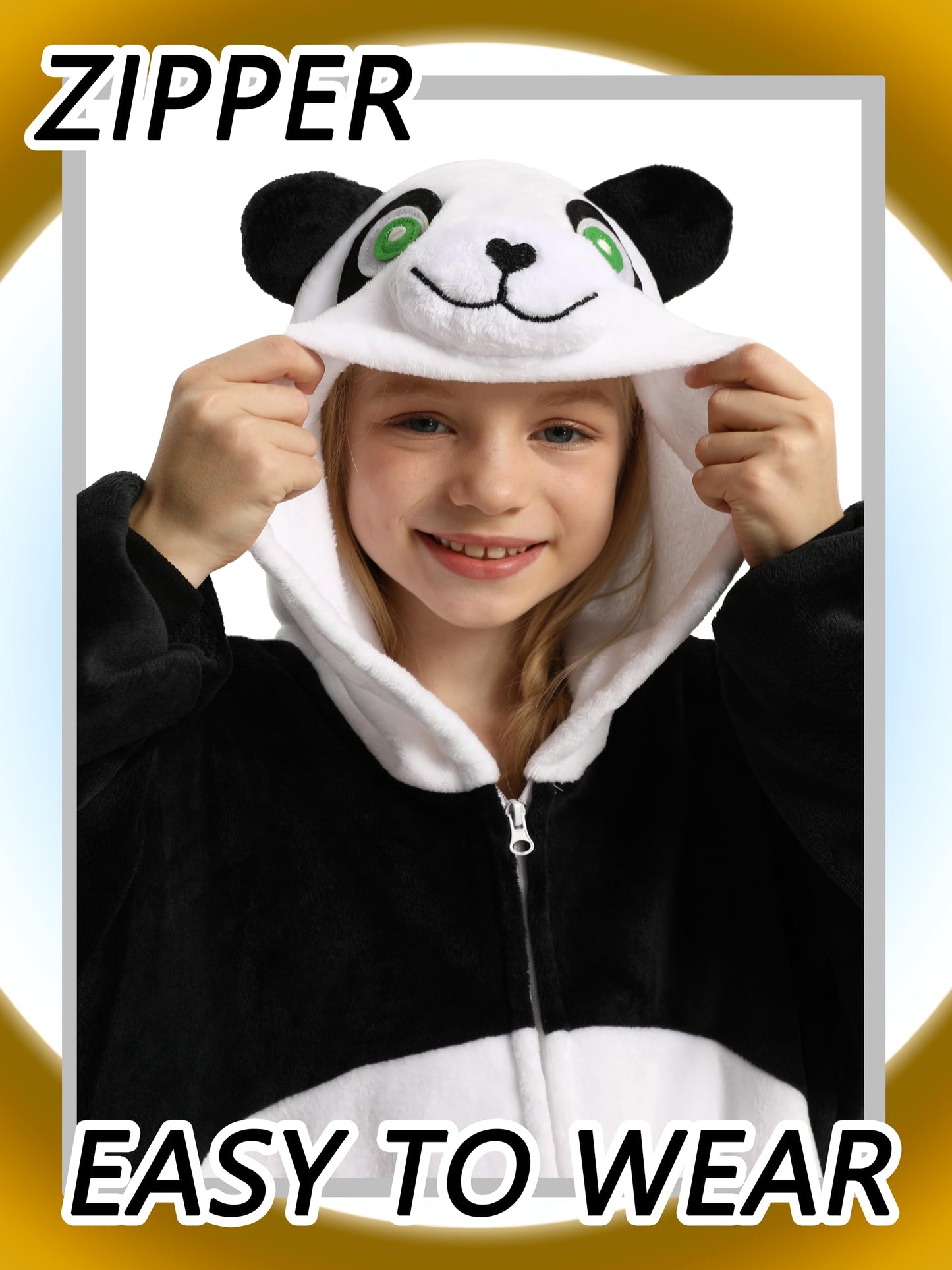 Lonulain Unisex Kids Animal Oneise Pajamas, Boys Girls Flannel Hooded Halloween Cosplay Costume/Homewear/Sleepwear (Panda,7-8 Ye