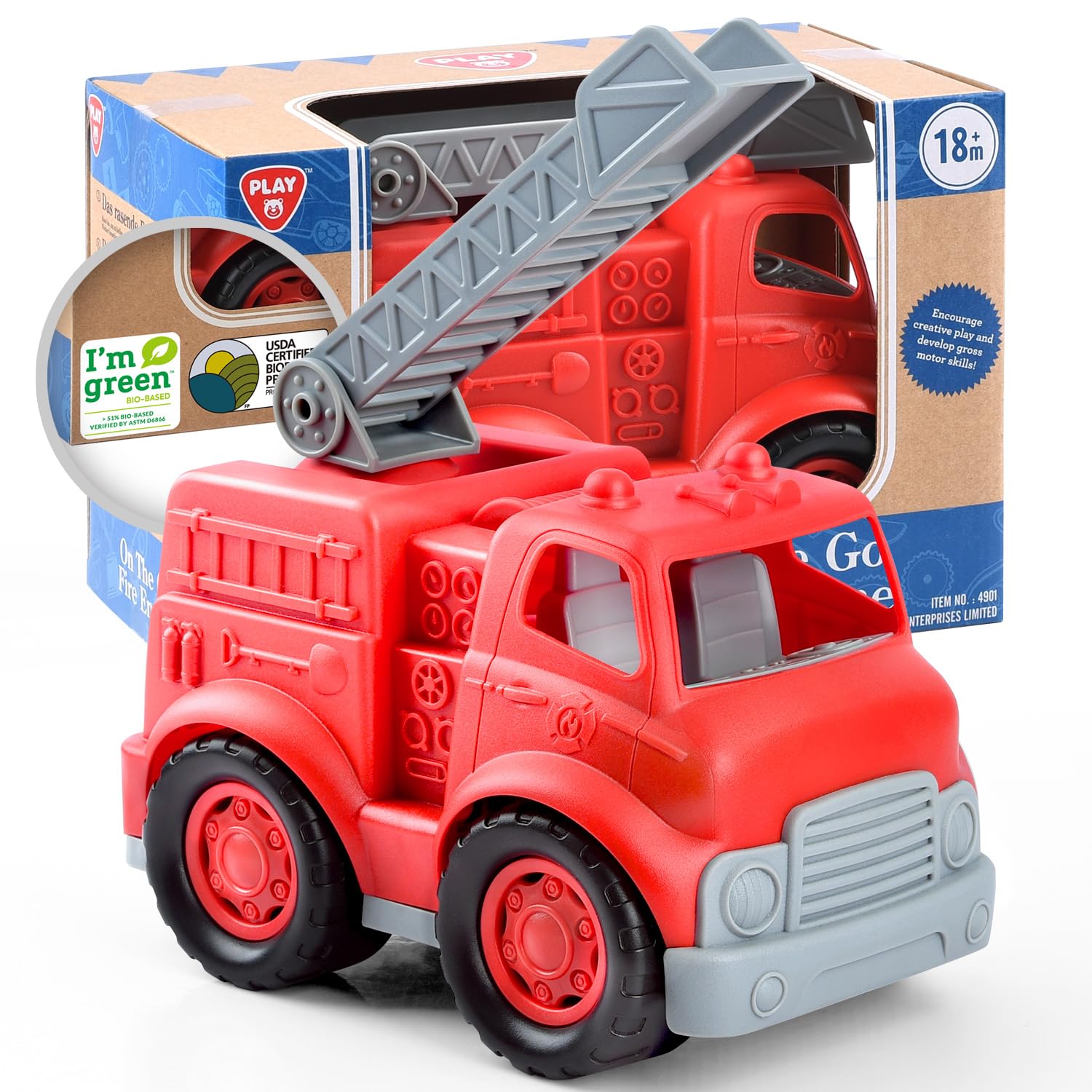 PLAY Eco-Friendly Fire Trucks, [USDA Certified] No BPA/Phthalate/PVC, Recycled Bioplastic Ladder Fire Engine Toy Gift for Boy Gi