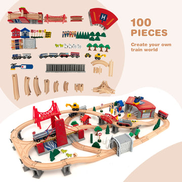 Honey Joy Train Table, Wooden Kids Activity Table With Storage, 100 Multicolor Pieces, Tracks, Trains, Cars, Toddler Train Table