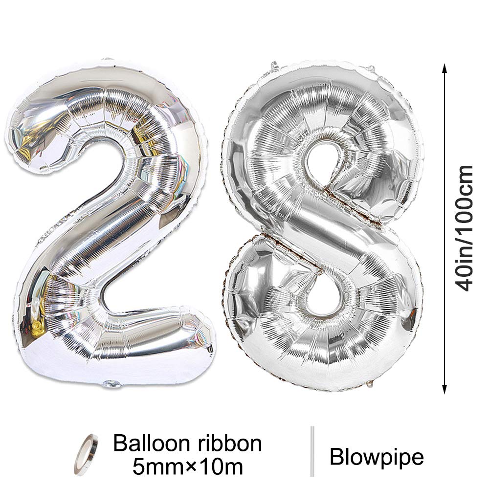 2Pcs 40 Inch Number Balloon Foil Balloons Number 28 Jumbo Giant Balloons Prom Balloon Mylar Huge Number Balloon For Birthday Party Decoration Wedding Anniversary, Xxxl Silver 28 Number Balloon