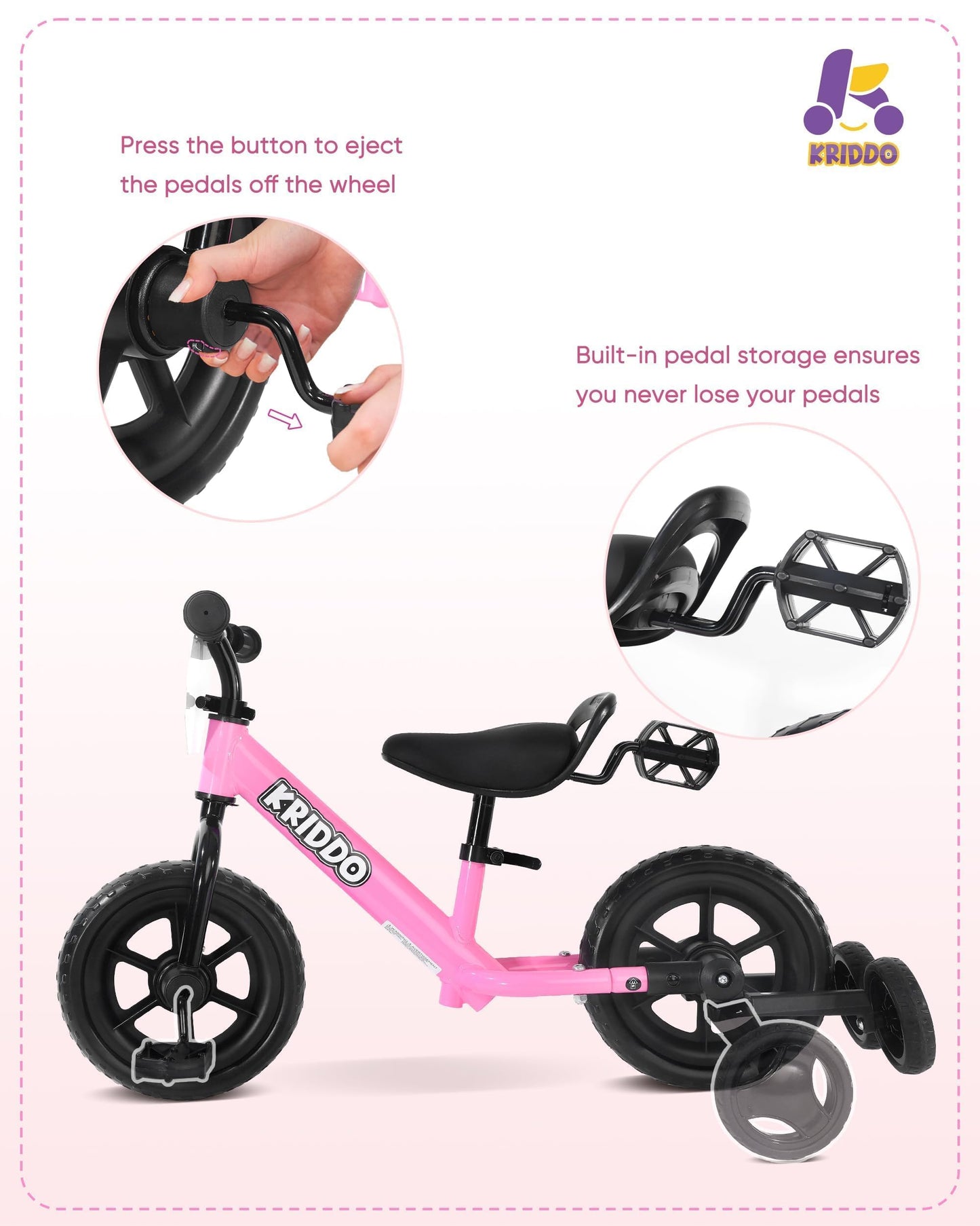 KRIDDO 2-in-1 Kids Tricycle and Toddler Balance Bike 2 Year Old, Detachable Pedals and Stowable Training Wheels, DIY Plate, Ridi