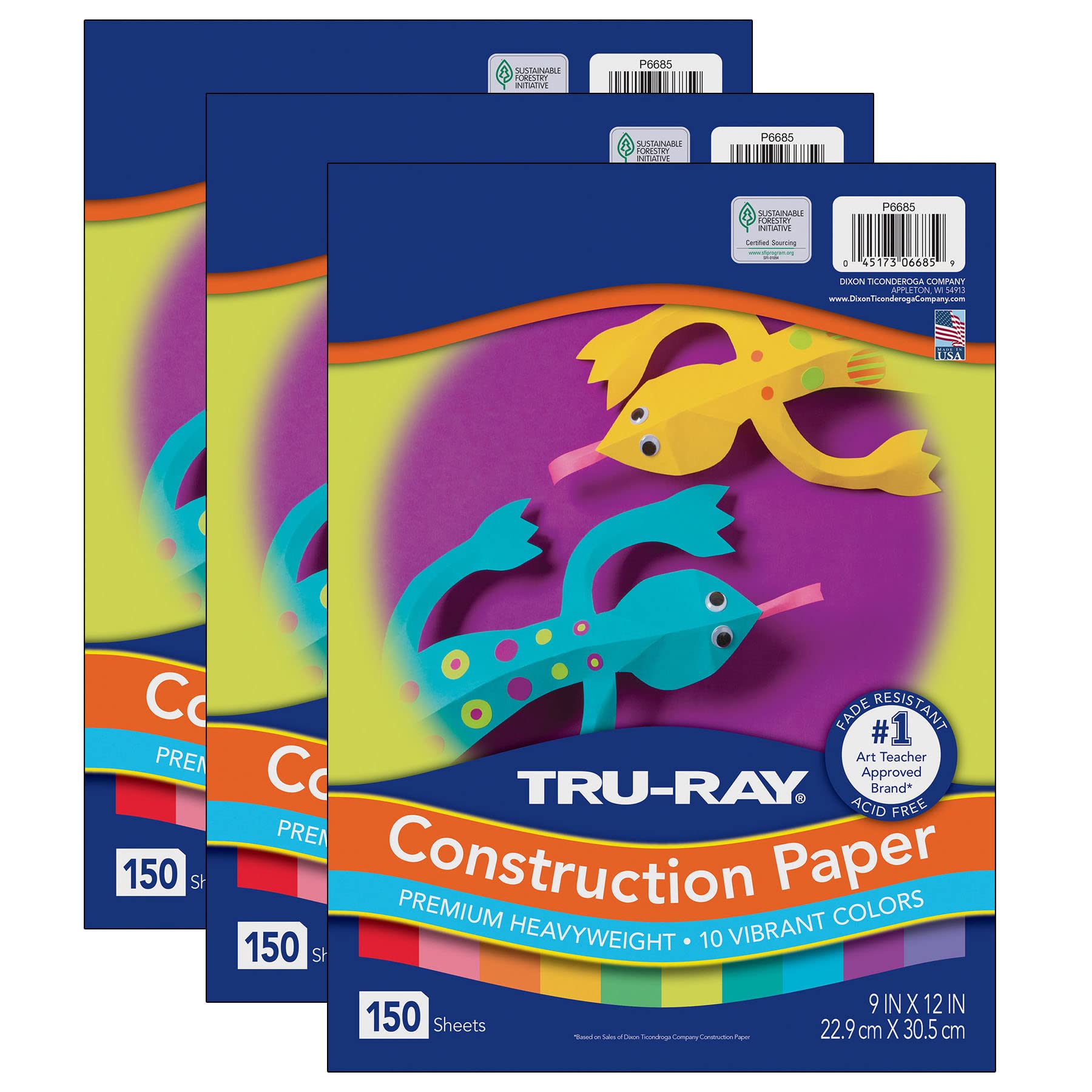 Tru-Ray Construction Paper, 10 Vibrant Colors, 9 x 12, 150 Sheets Per Pack, 3 Packs