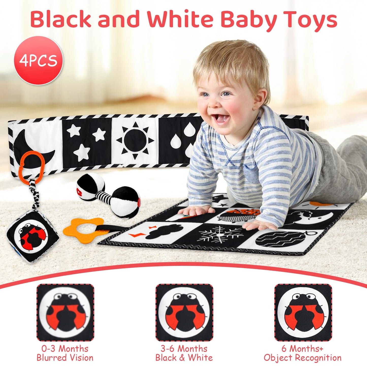 Black And White High Contrast Baby Toys For Newborn, Newborn Toys Montessori Toys For Babies 0-6 Months Tummy Time Toys, Infant