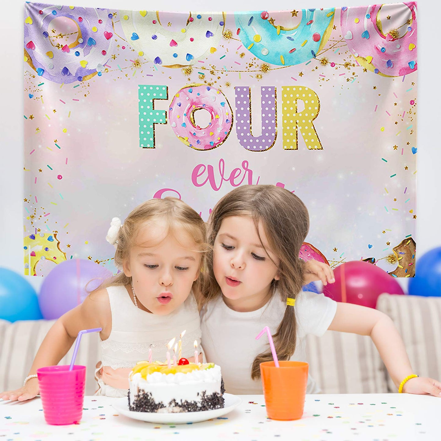 Mocsicka 4th Donut Birthday Backdrop Four Ever Sweet Donut Birthday Party Decoration Background Toddler Girl 4th Birthday Party