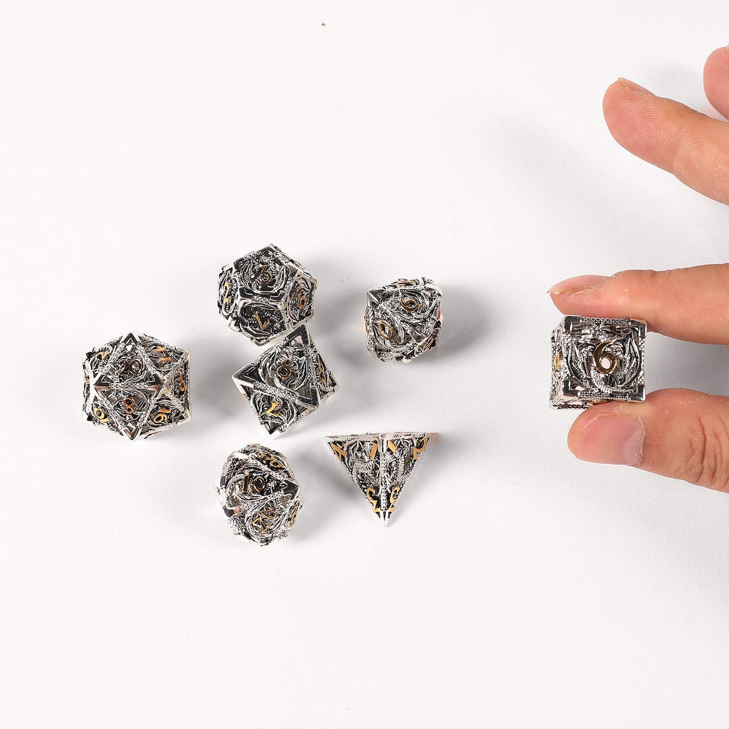 Ancient Deer 7pcs Metal Dice Set - Silver Dragon Pattern for D&D, RPG, MTG, Pathfinder, Tabletop Games
