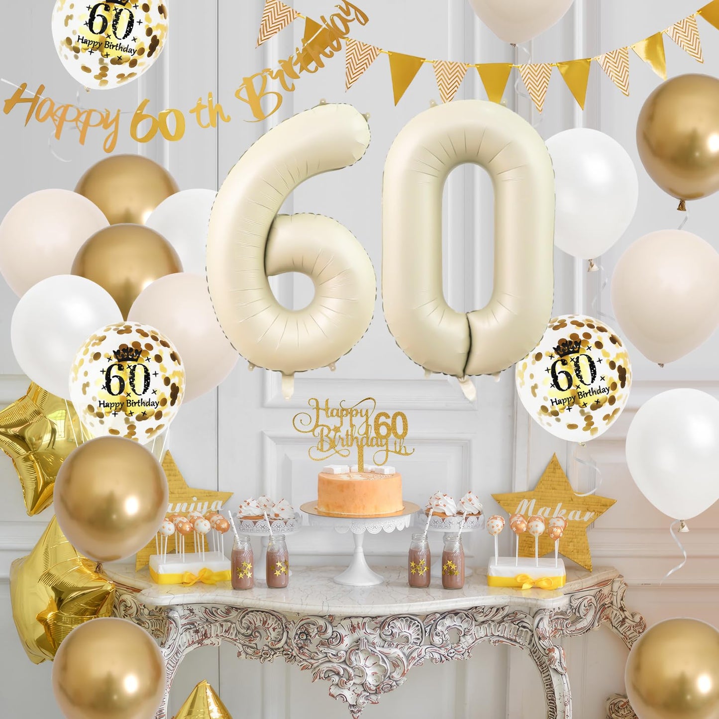 60Th Birthday Decorations Sand White Gold,60Th Birthday Balloons Beige Gold,Happy 60Th Birthday Banner With Cake Toppers Number