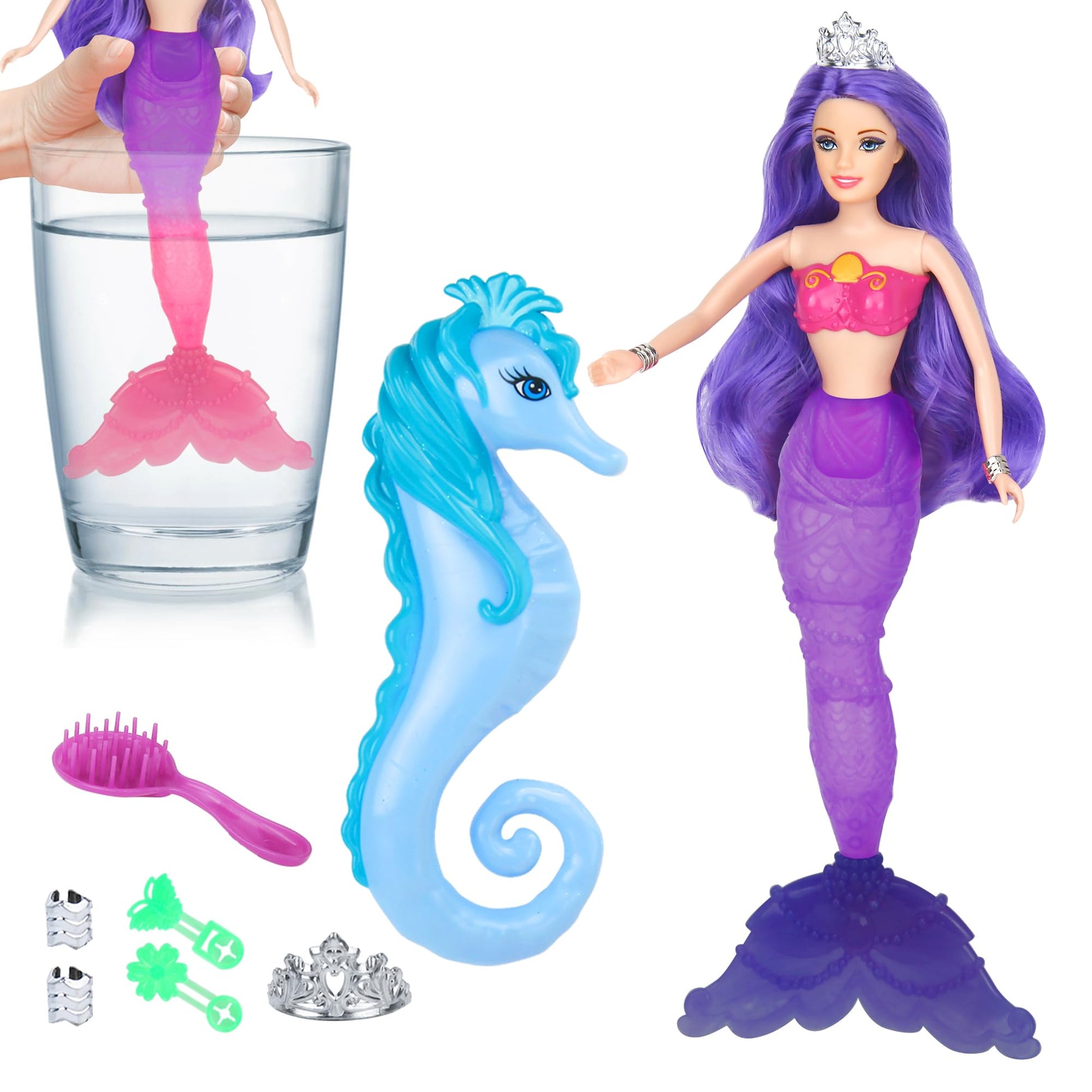 Bettina Color Change Mermaid Doll Playset, Mermaid Princess Doll With Color-Changing Tail, Mermaid Toys With Seahorse & Accessories, Purple Hair