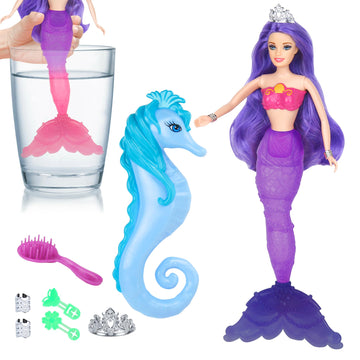 Bettina Color Change Mermaid Doll Playset, Mermaid Princess Doll With Color-Changing Tail, Mermaid Toys With Seahorse & Accessories, Purple Hair