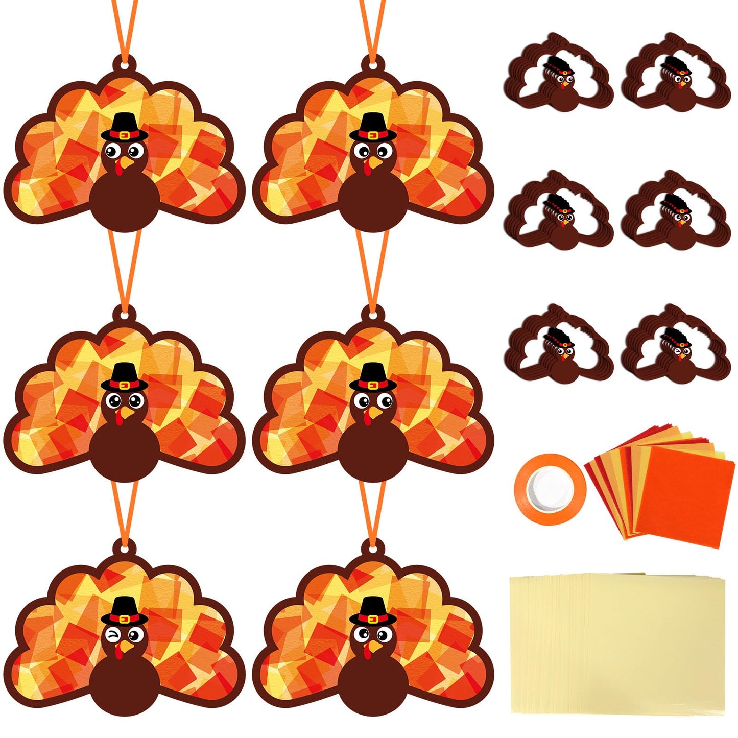Qyeahkj 36 Set Thanksgiving Turkey Suncatchers Crafts for Kids DIY Fall Window Tissue Paper Craft Kit Autumn Hanging Decor for H