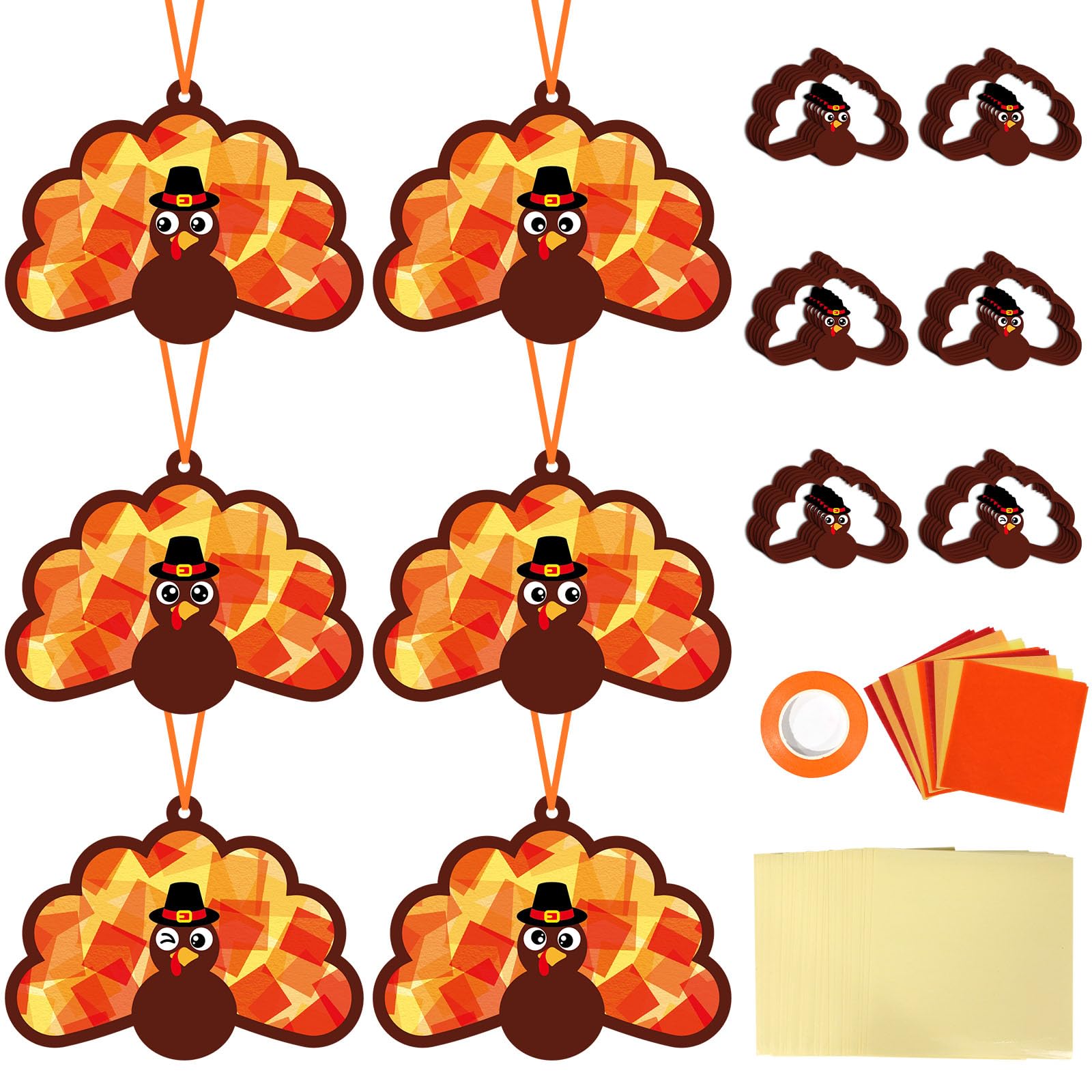 Qyeahkj 36 Set Thanksgiving Turkey Suncatchers Crafts for Kids DIY Fall Window Tissue Paper Craft Kit Autumn Hanging Decor for H