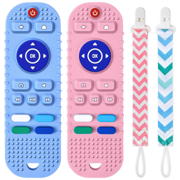 Aolso Baby Teether Toys, 2Pcs Silicone Teething Toys, Remote Control Shape Teething Toys With 2Pcs Pacifier Clip, Teething Relie