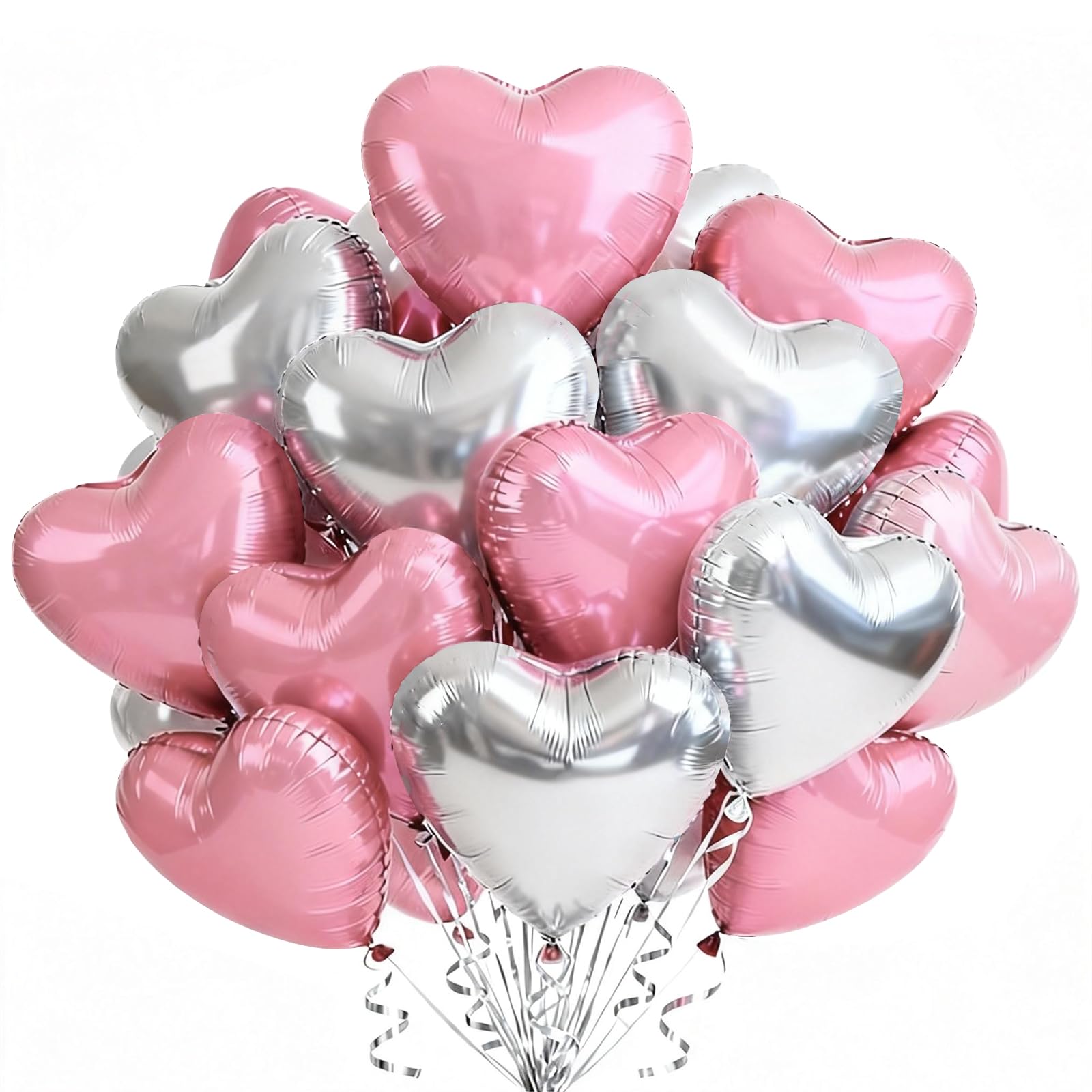 TONIFUL 30Pcs 18 Inch Silver Pink Balloons Heart Shape Foil Mylar Banners Decoration for Birthday Valentines Day Wedding Bridal
