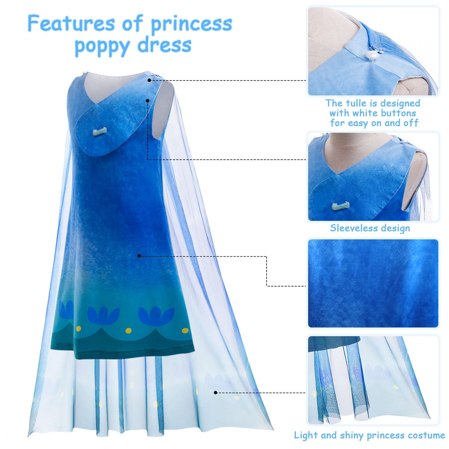 Adreit Toddler Princess Poppy Costume Dress For Girls Kids Cosplay Halloween Outfits Dress Up Birthday Party 3-10Years