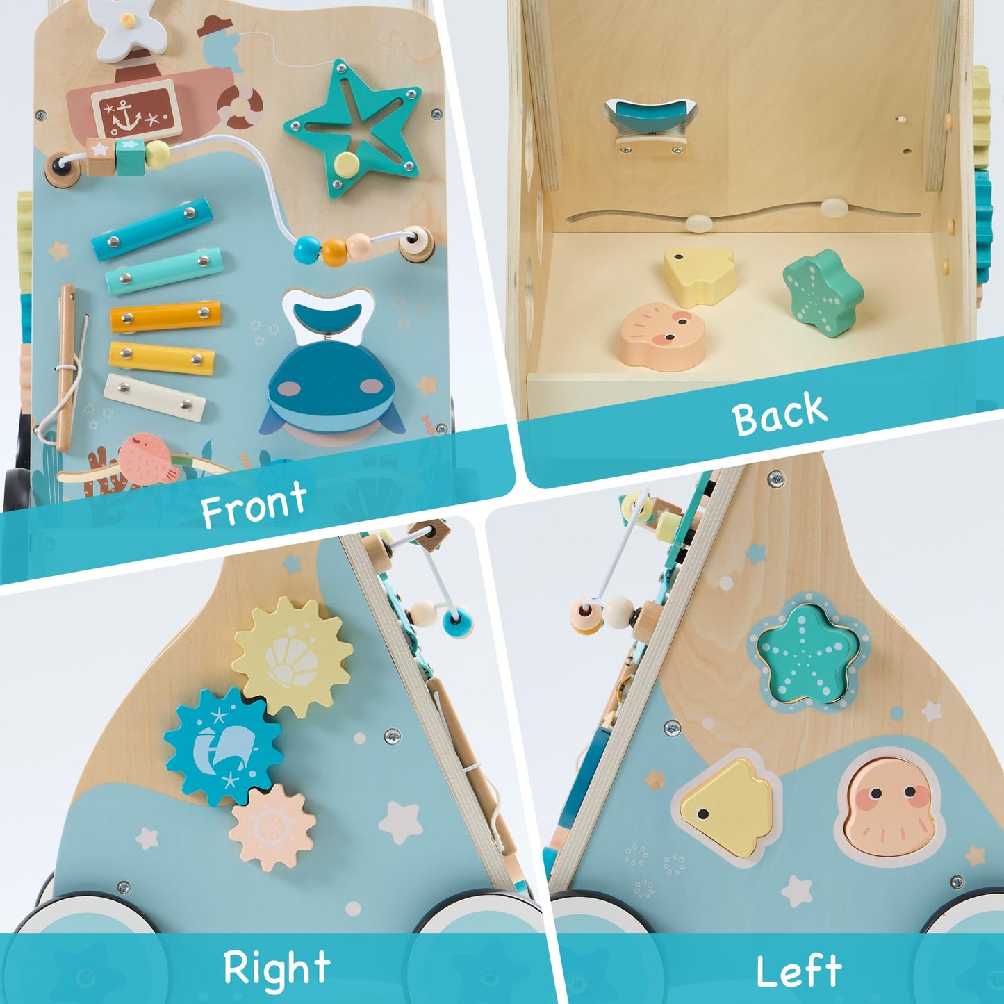 Robotime Wooden Baby Push Walker, Ocean-Themed Wooden Baby Walker With Wheels, Sit-To-Stand Activity Center, Push Toy For Toddle