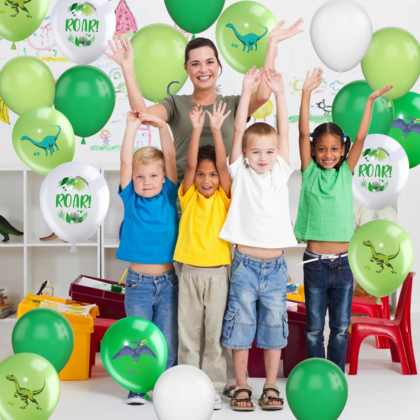 Dinosaur Balloons, 12 Inch Dino Printed Balloons Green White Lime Green Latex Balloons For Birthday Party Jungle Dinosaur Themed
