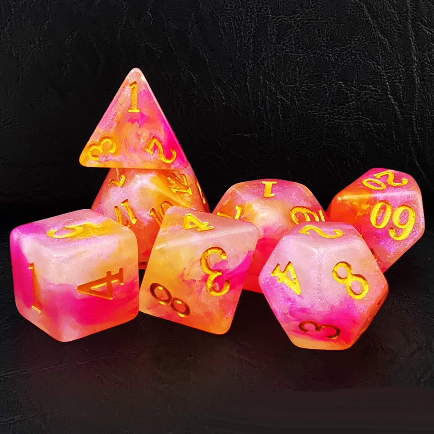 Bescon Magical Stone Dice Set Series, 7pcs Polyhedral RPG Dice Set RoseQuartz, Brick Box Packing