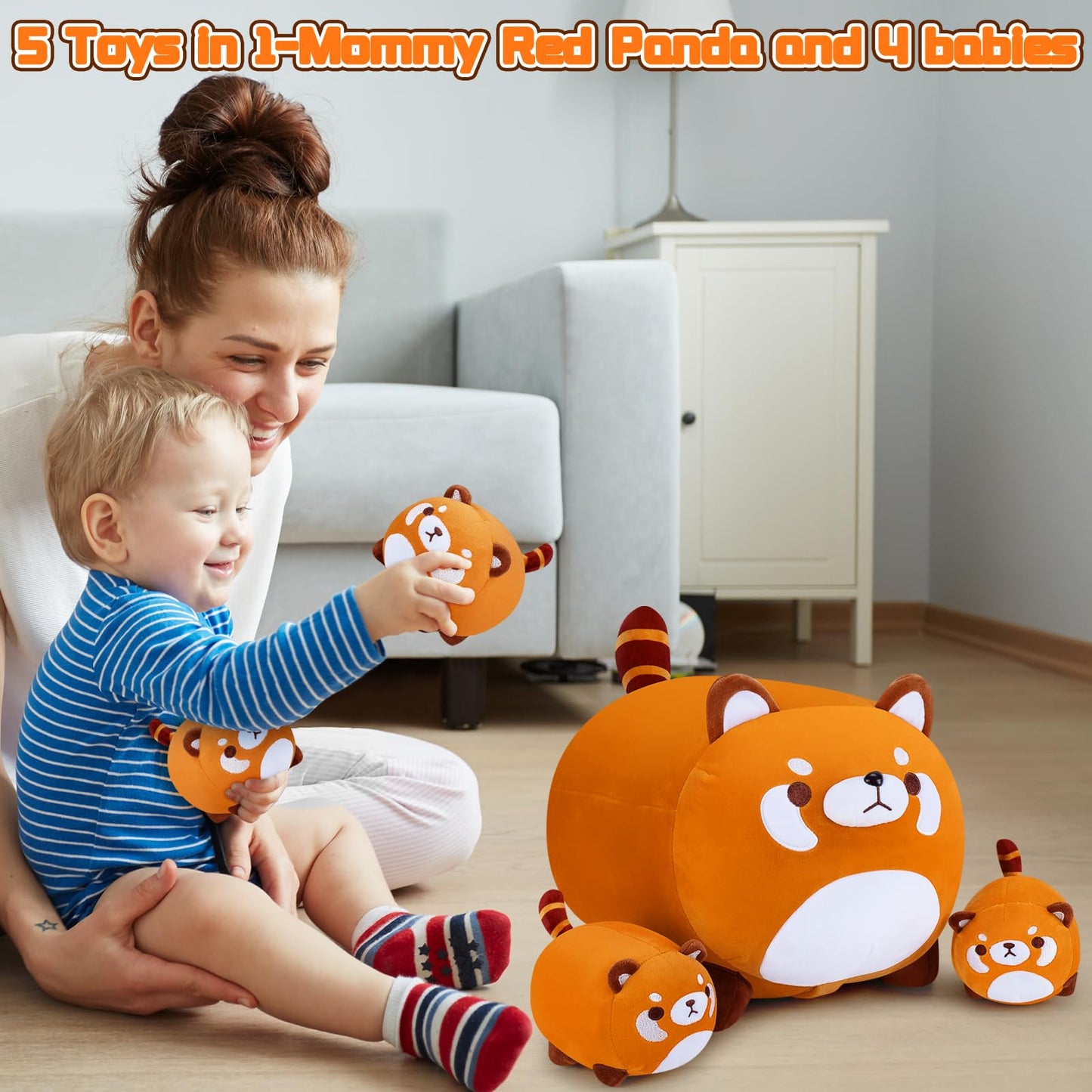 5 Pcs Red Panda Plush Toys-Red Panda Plush Stuffed Animal Family, Cute Red Panda Mommy With 4 Baby Red Panda Plushies For Kids, Kawaii Red Panda Anime Plush Toy Birthday Gifts For Kids Boys Girls