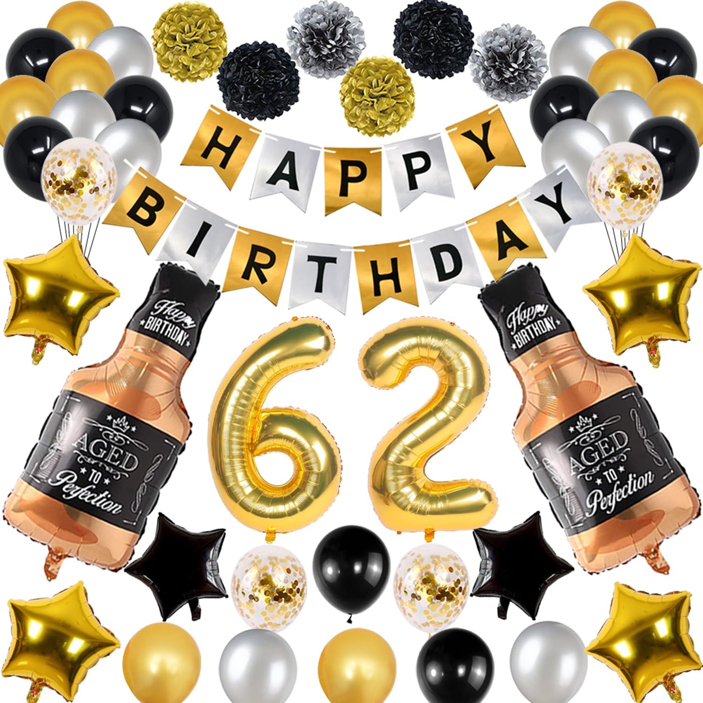 Naninuneno 62Nd Gold Birthday Decorations, Gold Black Silver Happy Birthday Balloons Supplies For Boy Men Girl Women, 62 Birthda