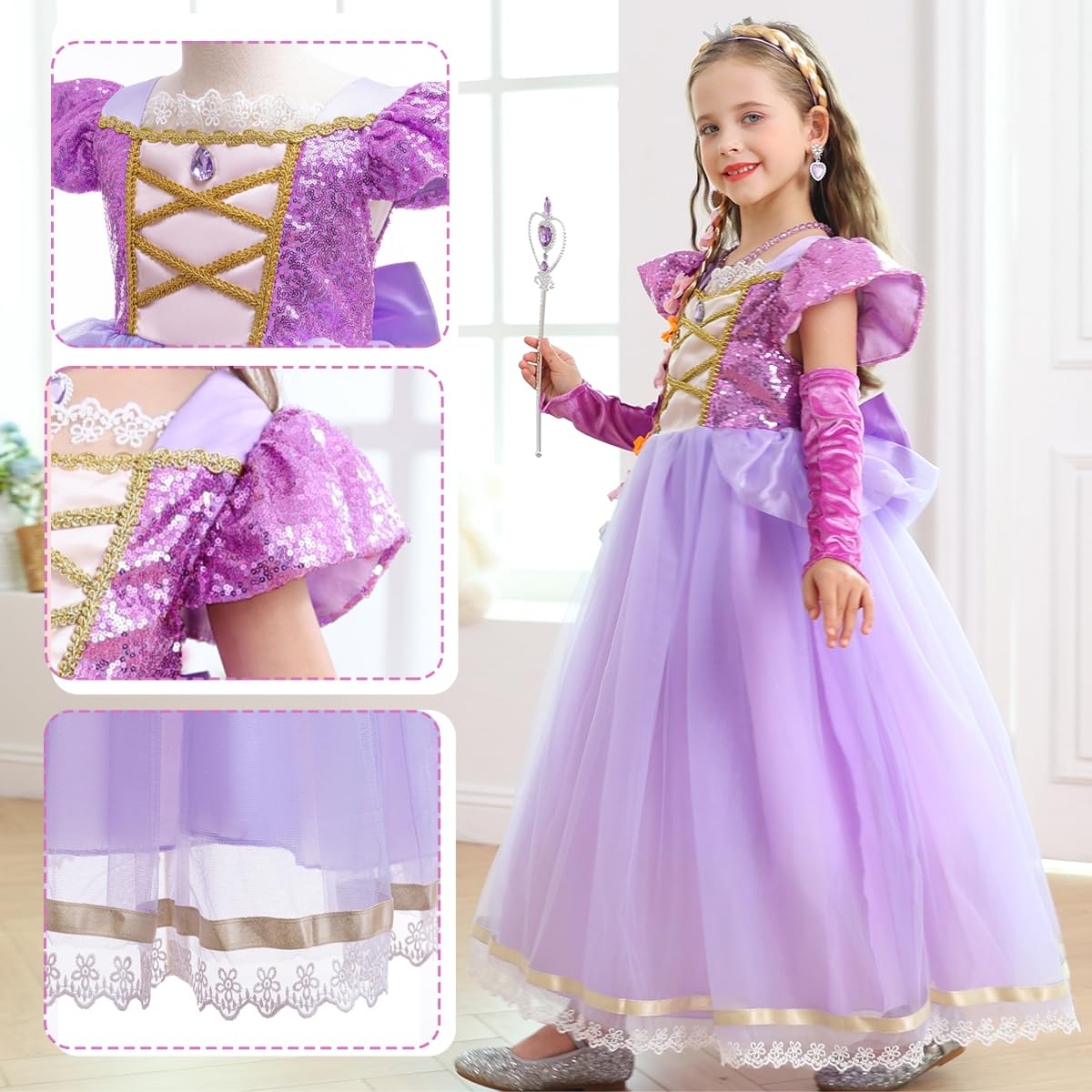 Luzlen Rapunzel Dress For Girls Toddler Purple Princess Costume For Halloween Birthday Party Cosplay Purple, 6-7Y(Tag 140)