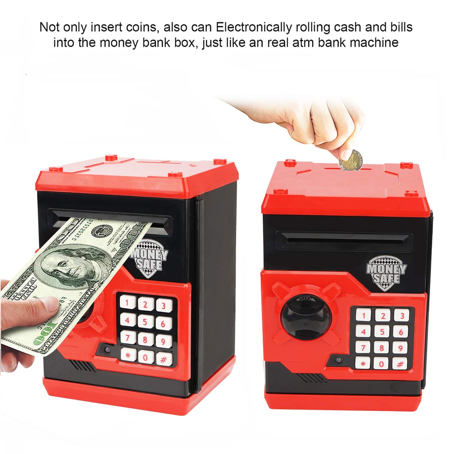 Setibre Piggy Bank, Electronic Atm Password Cash Coin Can Auto Scroll Paper Money Saving Box Toy Gift For Kids (Red)
