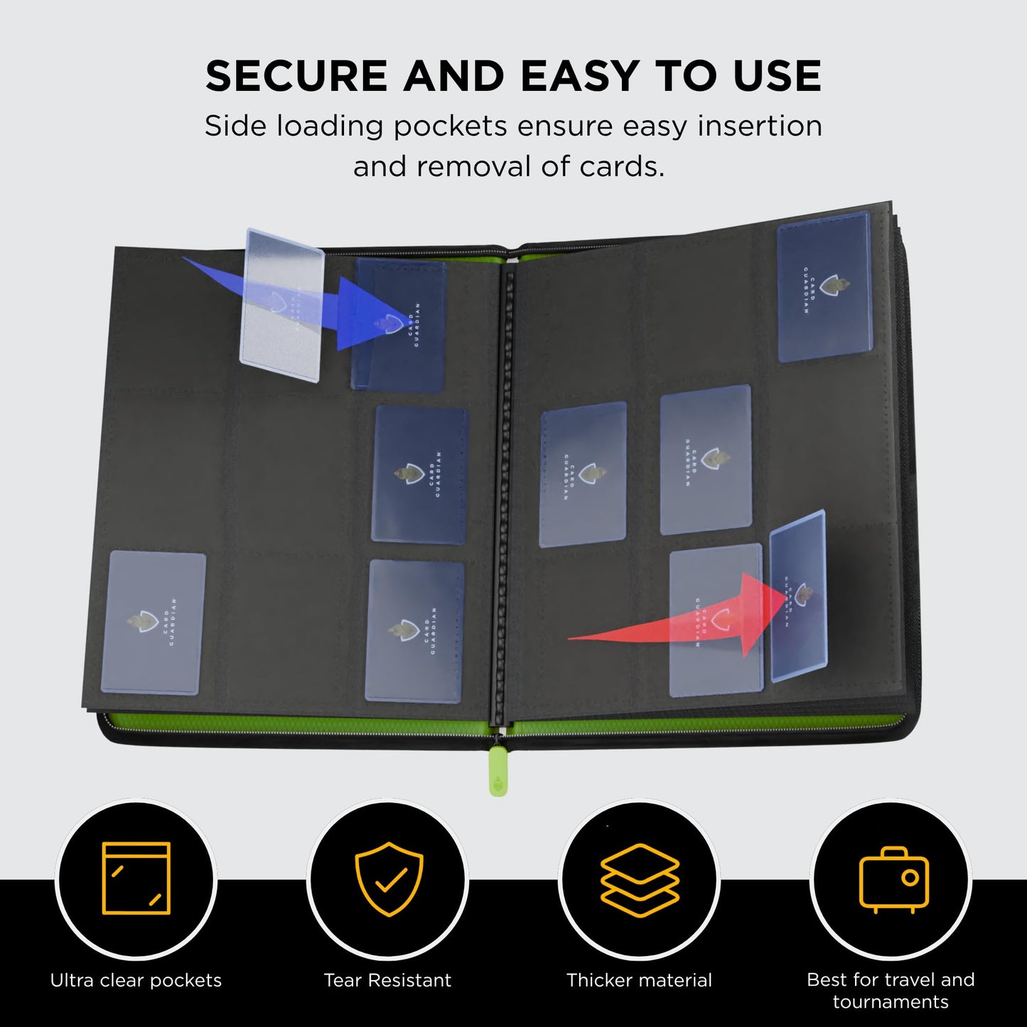 Card Guardian - 9 Pocket enhanced Binder with Zipper for 360 Cards Trading Card Games TCG (Lime Green) - Side Loaded Pockets - Compatible with Yugioh Cards MTG Binder Sports Card Binder