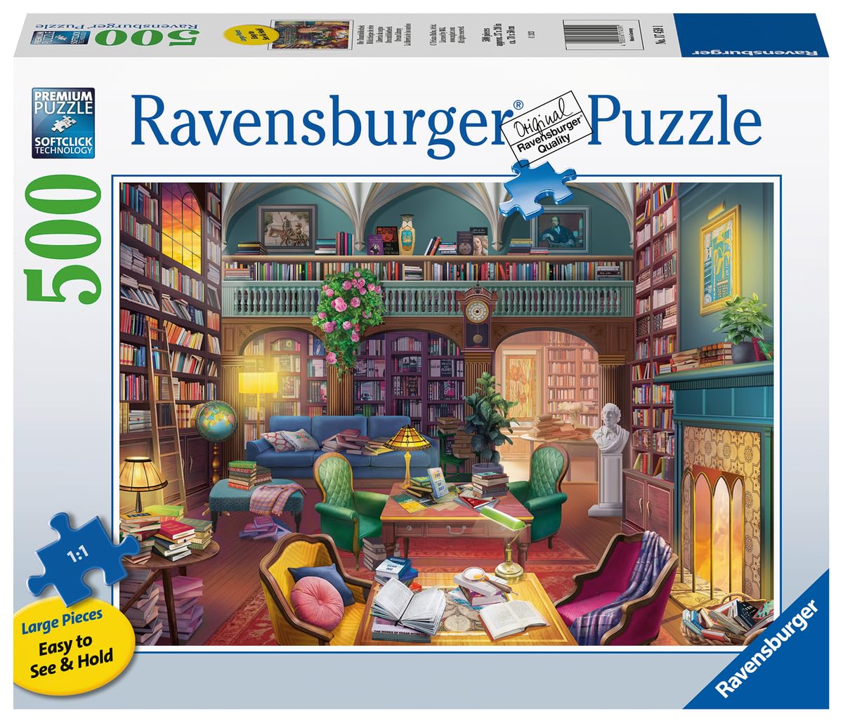 Ravensburger 500 Piece Jigsaw Puzzle - Dream Library, Multicolor, Softclick Technology, 27 x 20 in, Cardboard, Model 17459