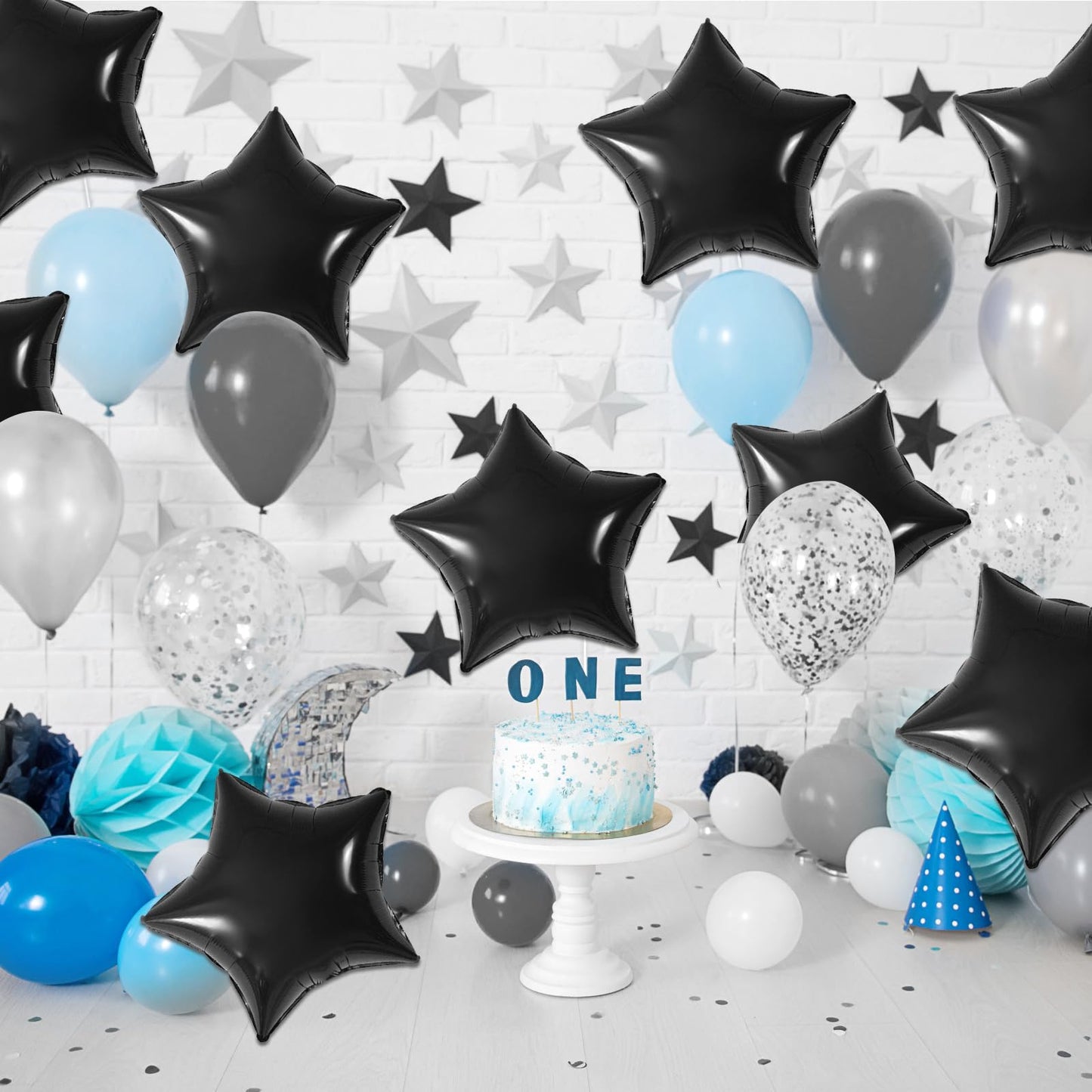 Feyg Black Star Balloons, 10 Pcs, 18 Inches, Foil, Self-Sealing, For Helium, Party Decorations, Anniversary, Graduation, Wedding