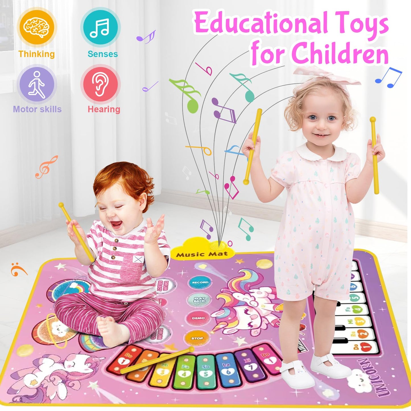 Unicorn Musical Mat For Baby Girls 1 2 3 Years Old, 3 In 1 Music Mat Sensor Toy For Toddler Girls Age 1-3 Floor Play Dance Mat W