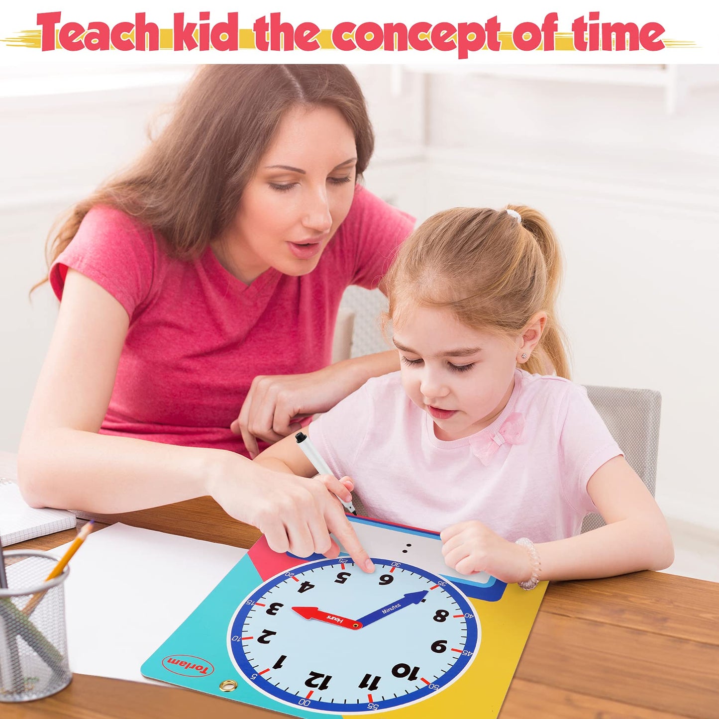 Magnetic Writable Dry Erase Learning Clock | Clock For Kids Learning To Tell Time | Large 12' Demonstration Teaching Time Practice Clock With Dry Erase Writing Surface | Pen Included | (Rainbow)