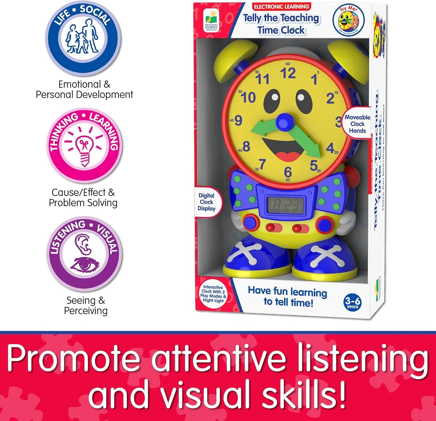 The Learning Journey Telly The Teaching Time Clock, Electronic Analog & Digital Time Telling Aid with Two Quiz Modes & Night Lig