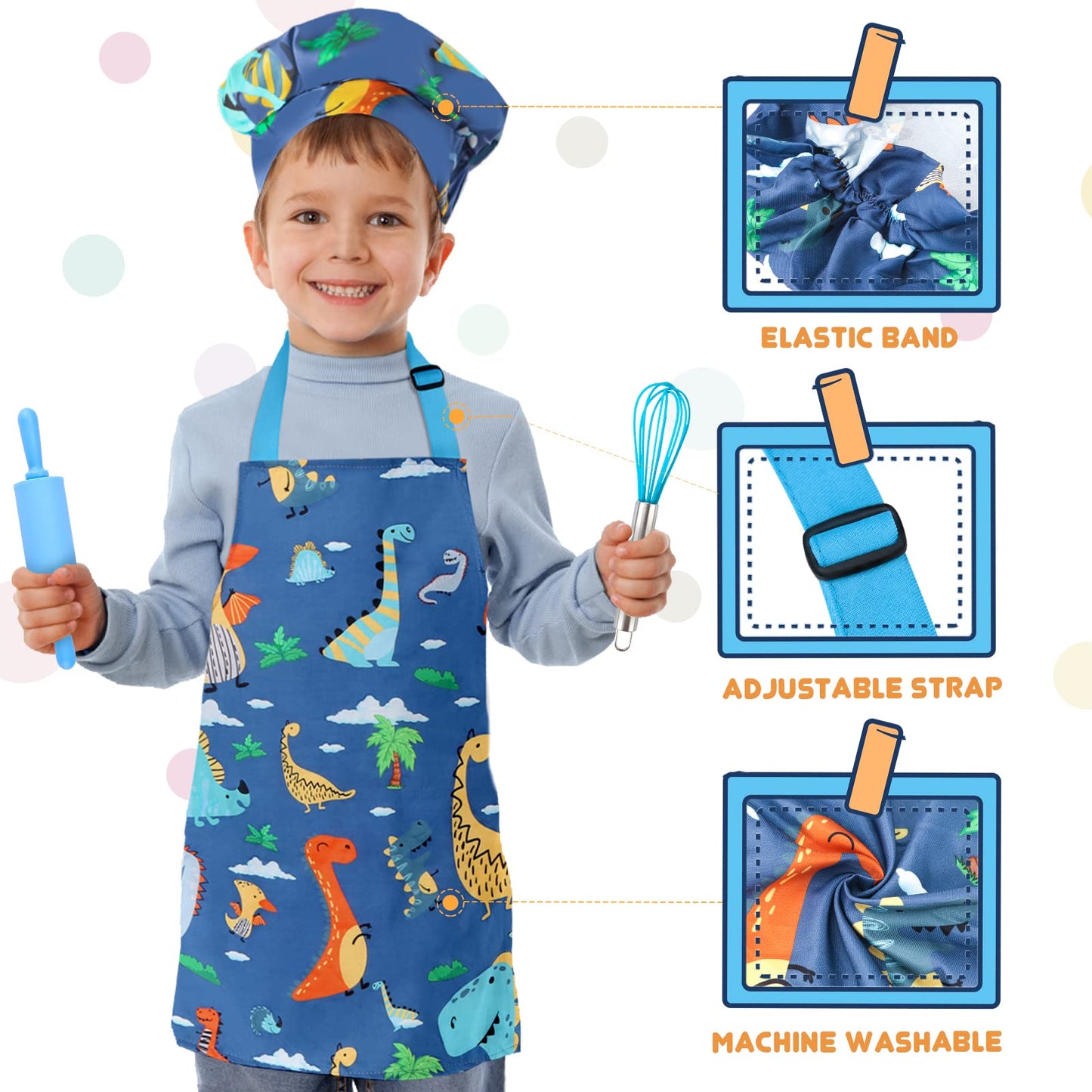 Aoskie Kids Baking Set with Dinosaur Apron and Chef Hat, Cooking Chef Set Baking Supplies Dress Up Role Play Toys Gift for 3-8 Y