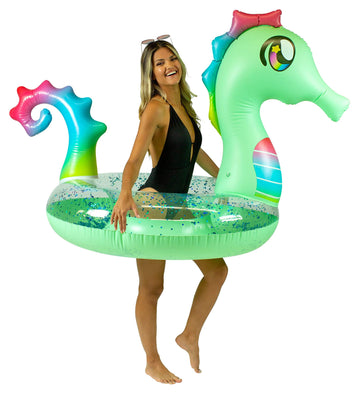 PoolCandy Inflatable Animal Pool Tubes & Swim Rings (Seahorse 48'' inch Glitter Animal Pool Tube Swim Ring)