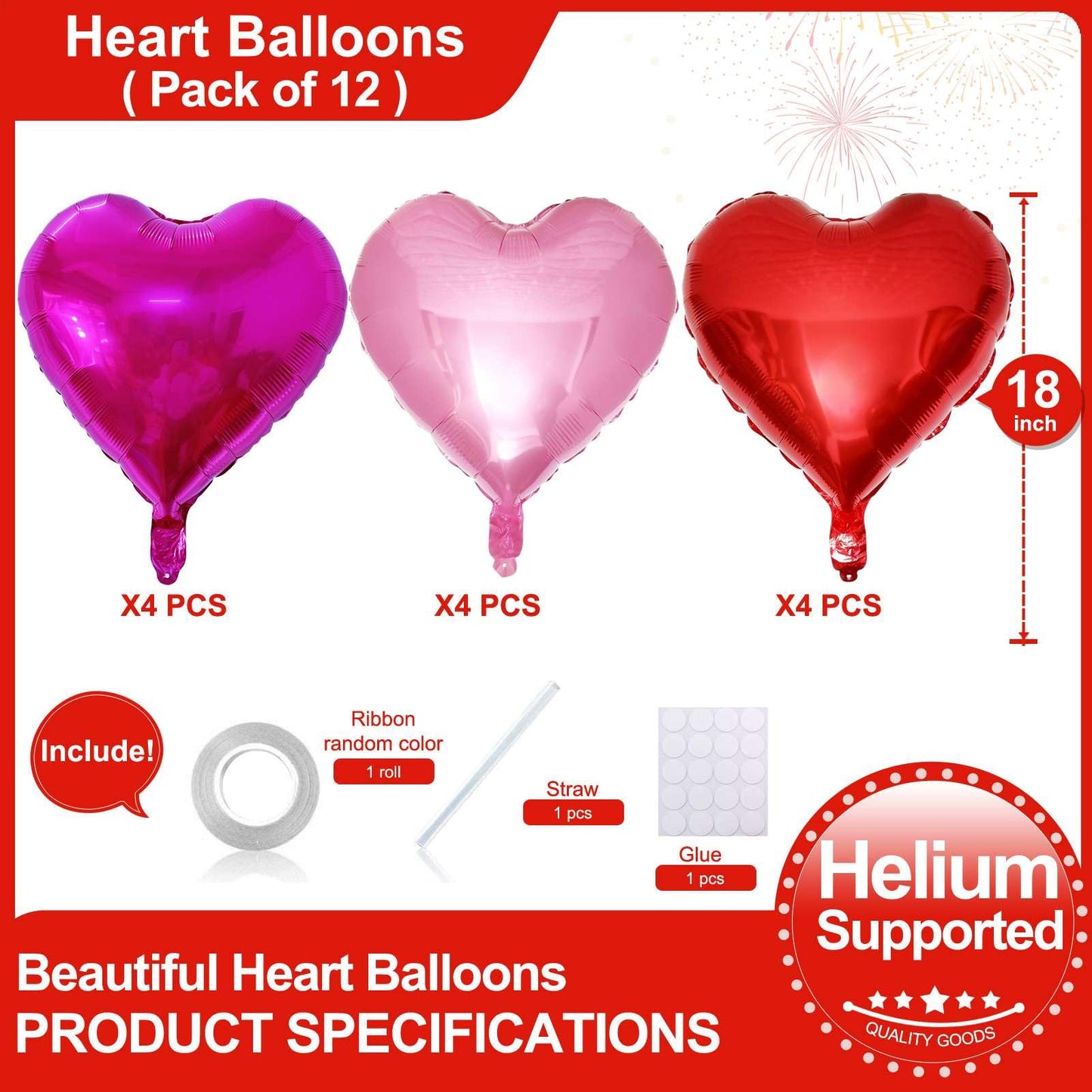 Lovoir 12 Pcs Red Heart Shape Foil Mylar Balloons 18 Inch Love Balloons For Valentine'S Day Birthday Party Decorations Wedding E