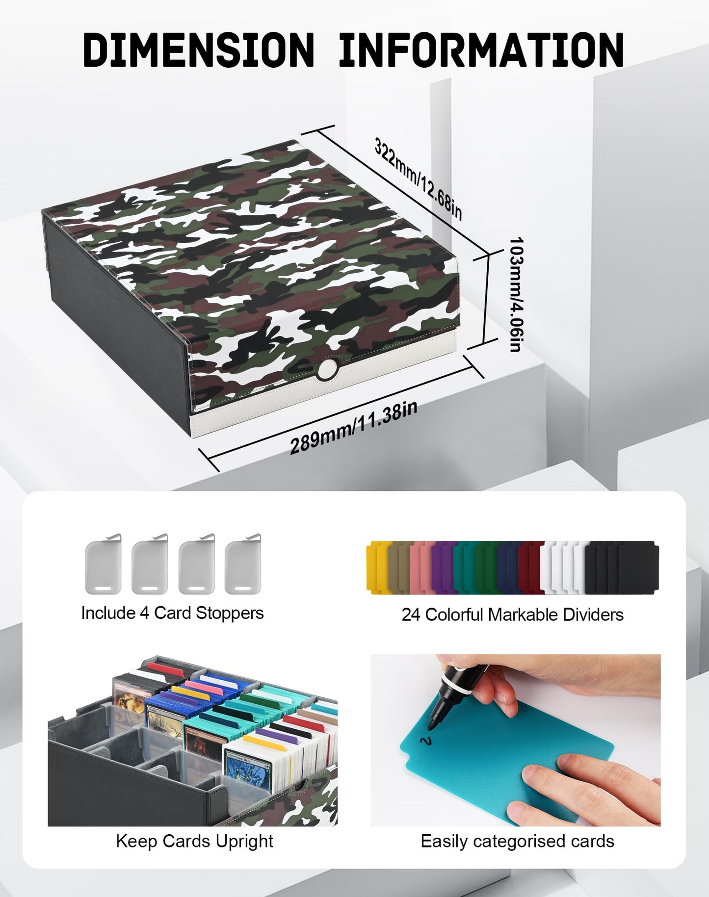 ZLCA Card Storage Box for MTG PTCG, Commander Deck Box Holds 3000+, Deck Storage Case with 4 Stoppers(Camouflage& White)